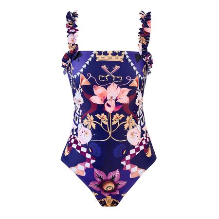 Floral One Piece Swimsuit 2025 New Halter Bandage Swimwear Luxury Royal Floral One-Piece Swimsuit | Ruffled Halter Straps | Navy Purple Elegant Bathing Suit